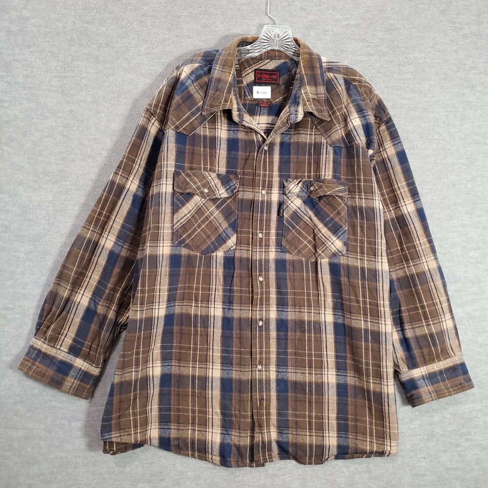 Five Brother Men Button Up Shirt 3XL Big Brown Plaid Flannel Pearl Snap READ